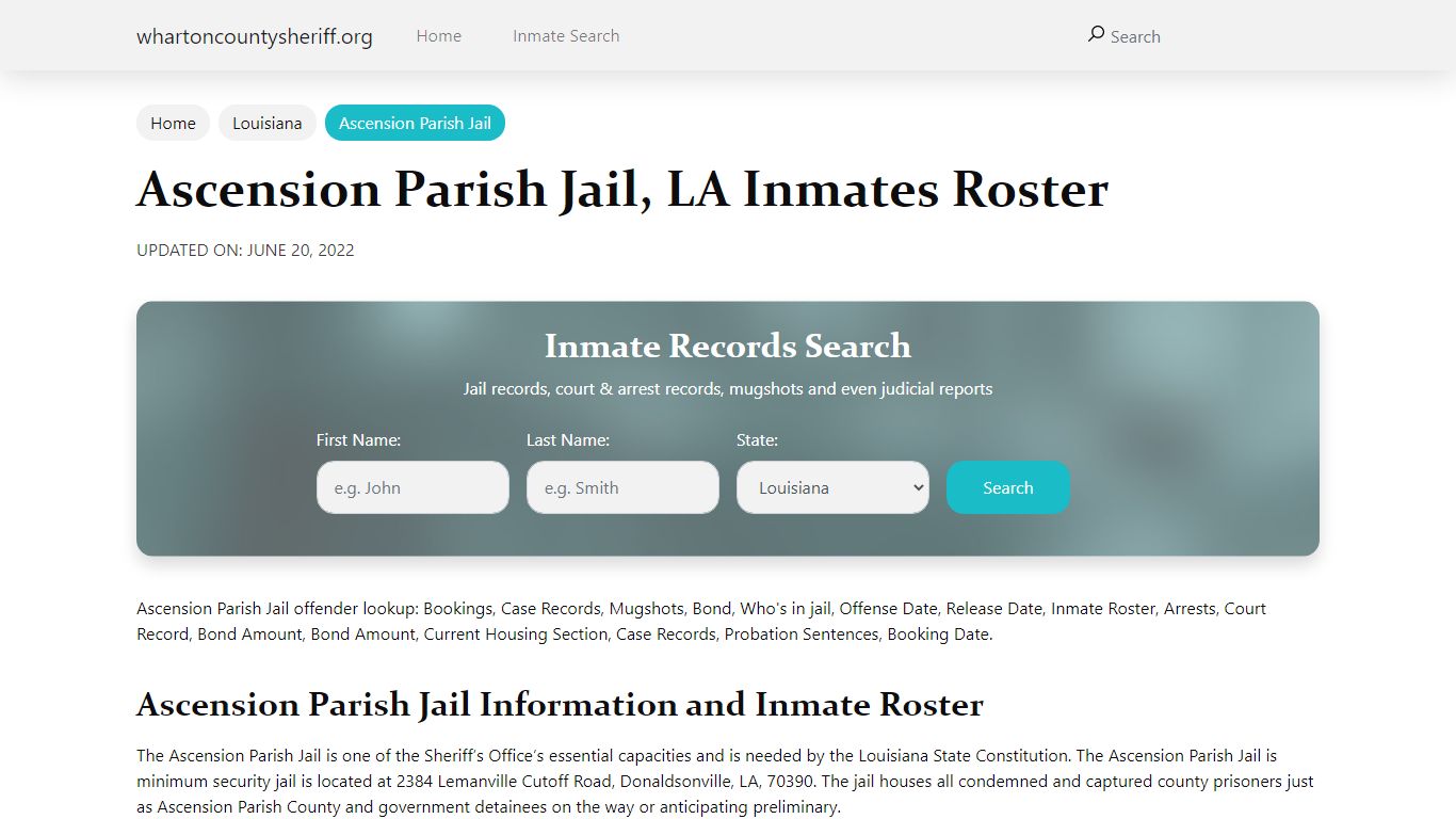 Ascension Parish Jail, LA Jail Roster, Name Search